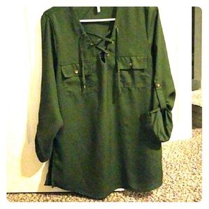 Army Green Draw String V Neck Blouse